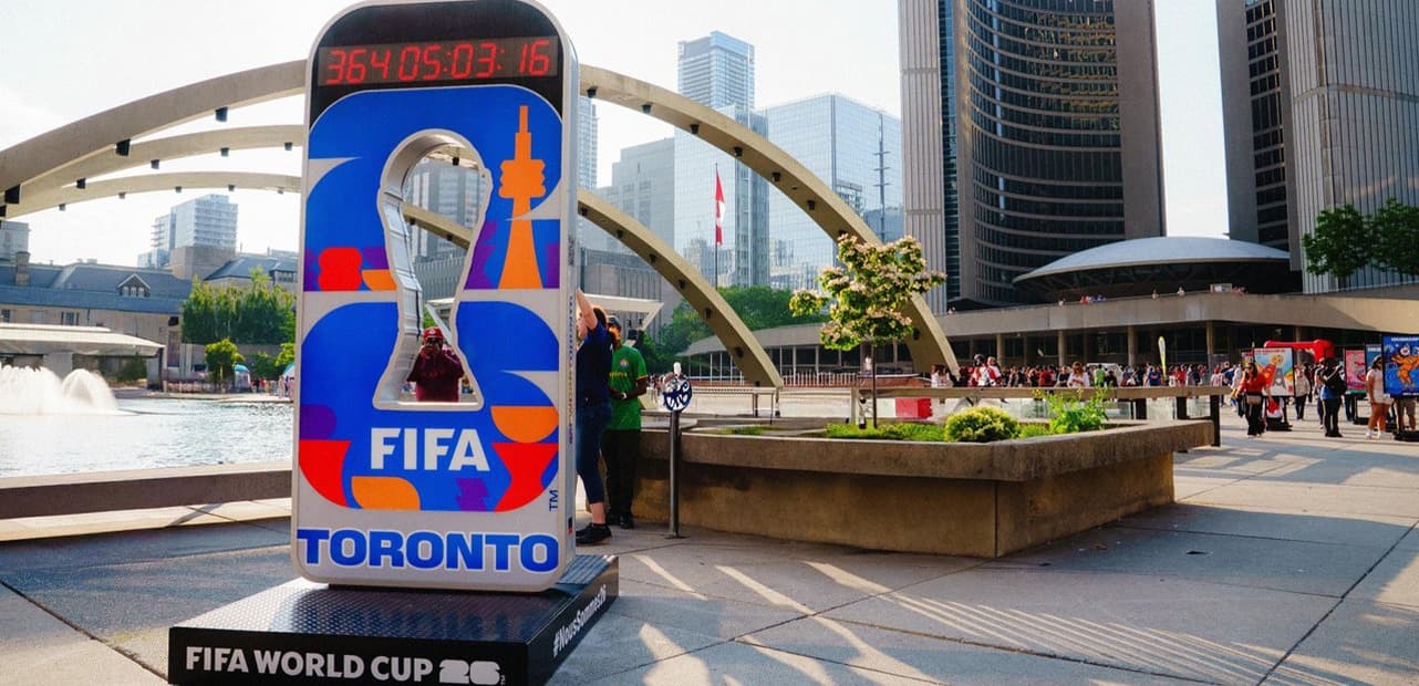 FIFA World Cup 2026 countdown clock at Nathan Phillips Square, Toronto